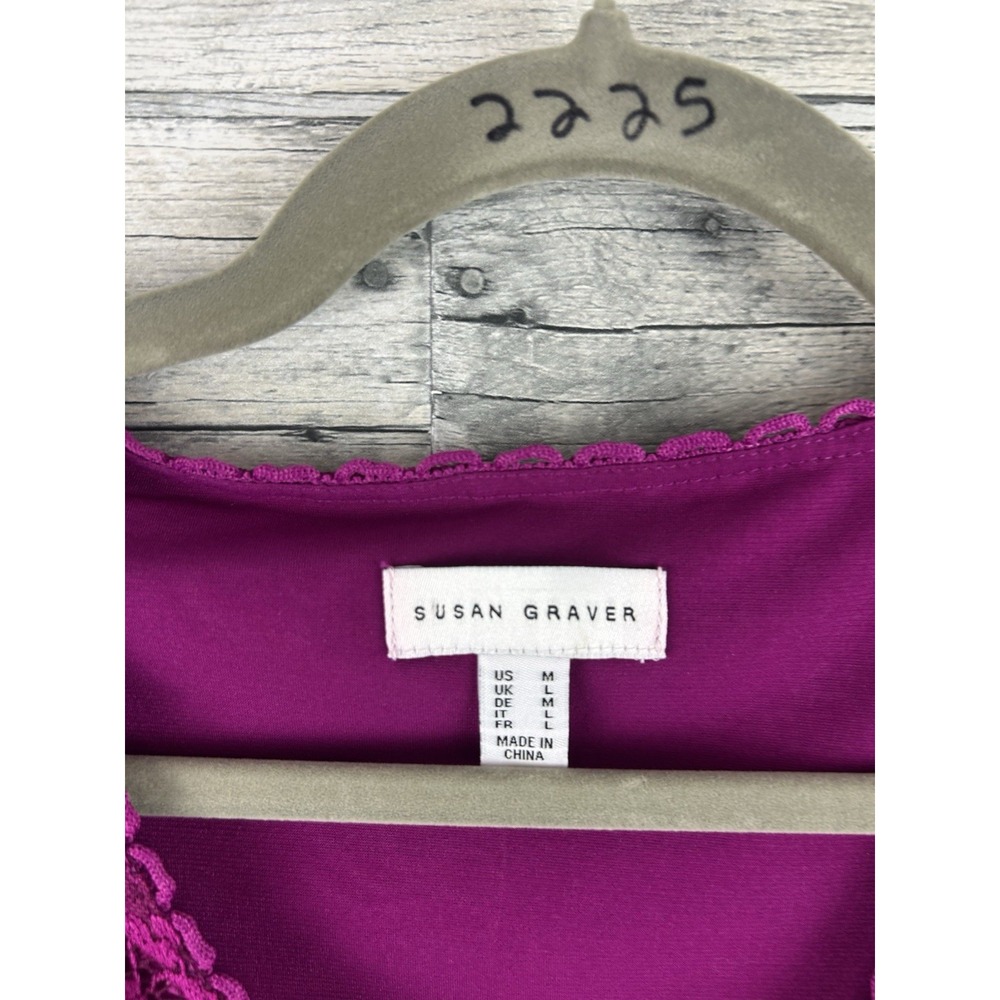 Susan Graver Fuchsia Short Sleeve Medium Blouse With Lace Overlay - Picture 3 of 5